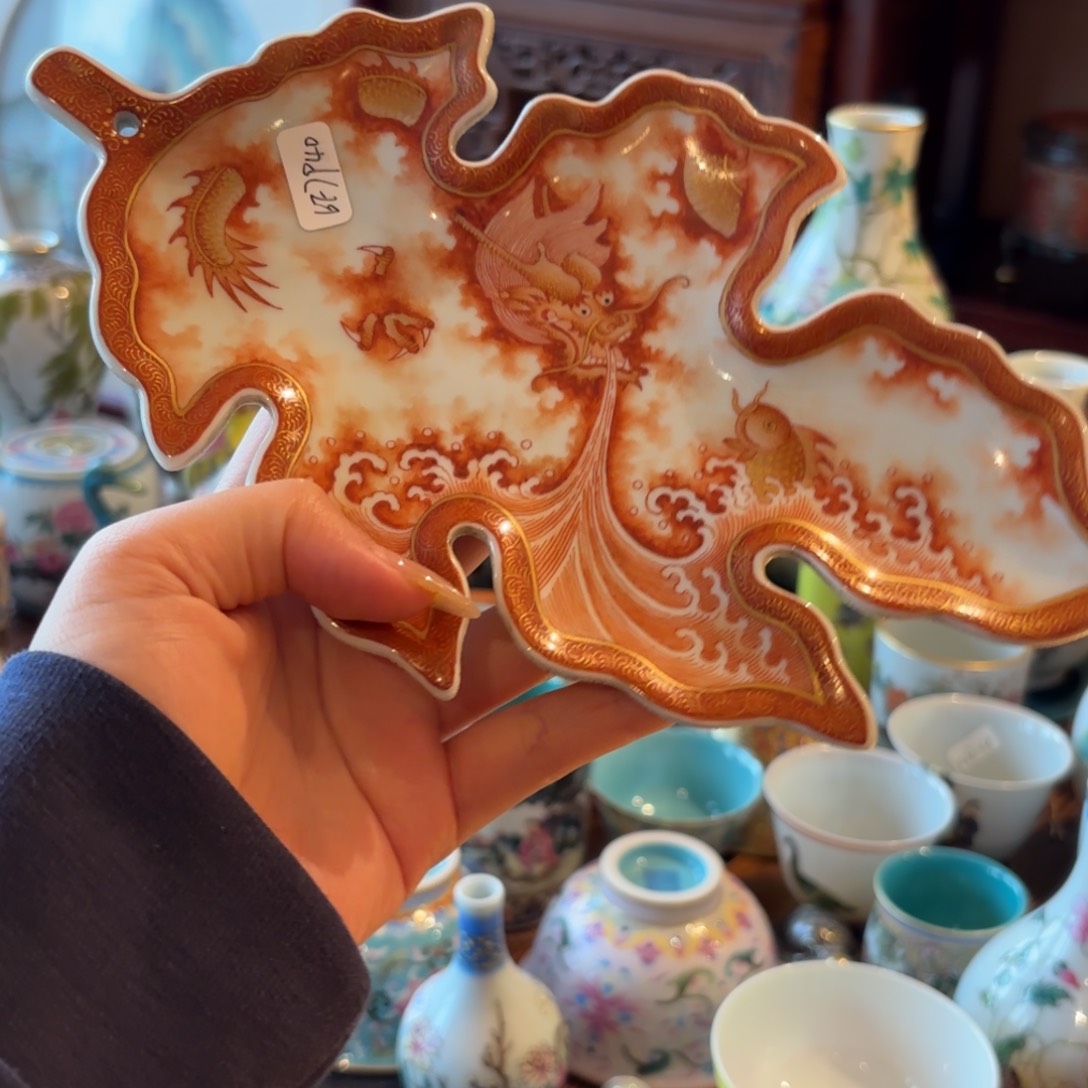 天*一矾红描金鱼跃龙门树叶