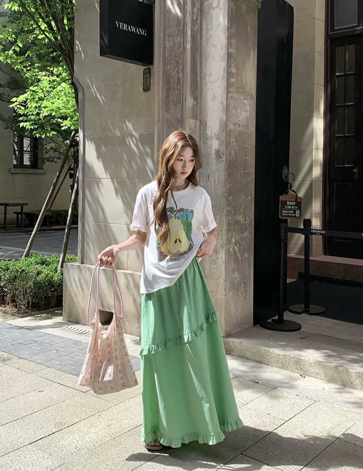 清新减龄油画图案印花短袖T恤+木耳花边A字半身裙套装  