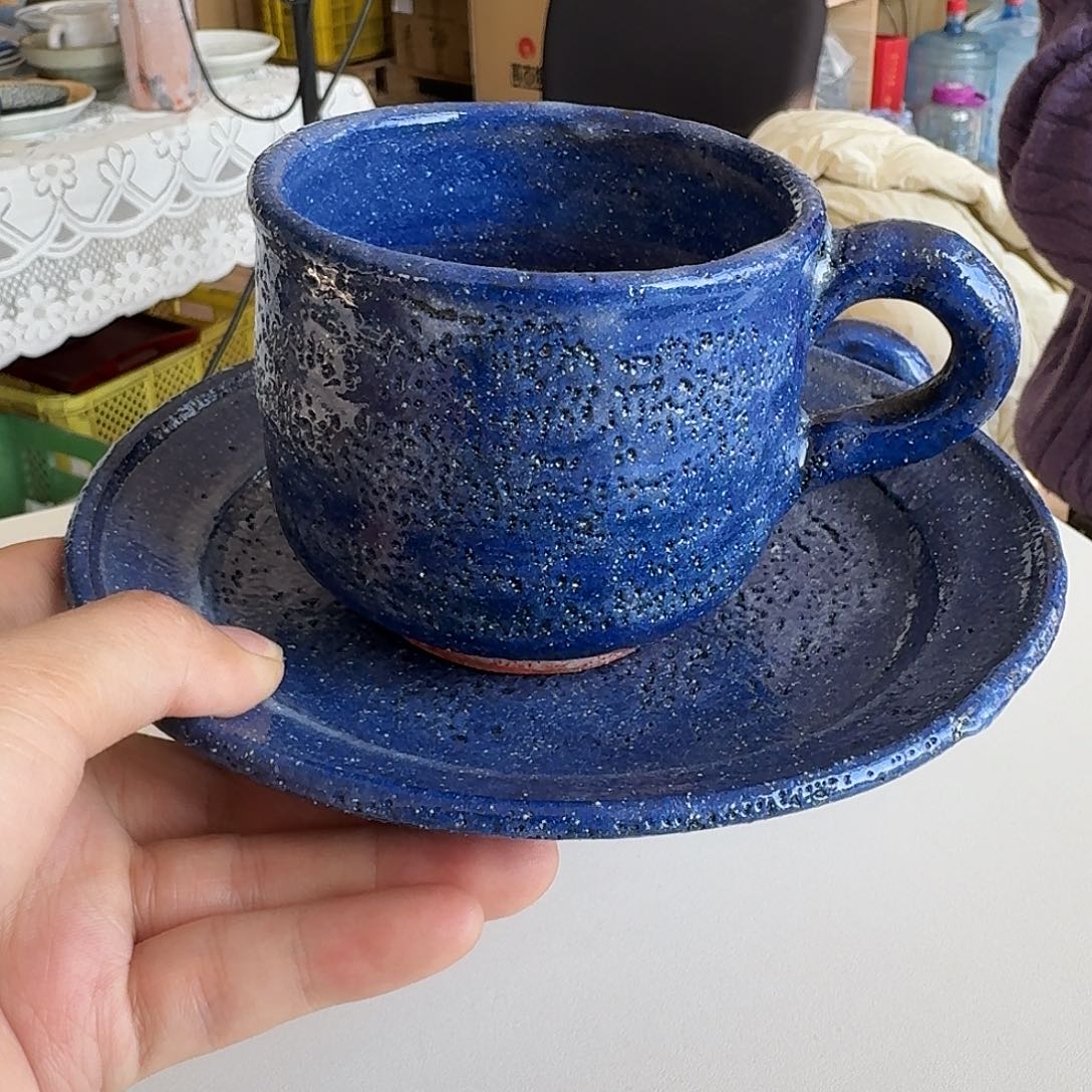 瓷片志野烧蓝色咖啡杯碟