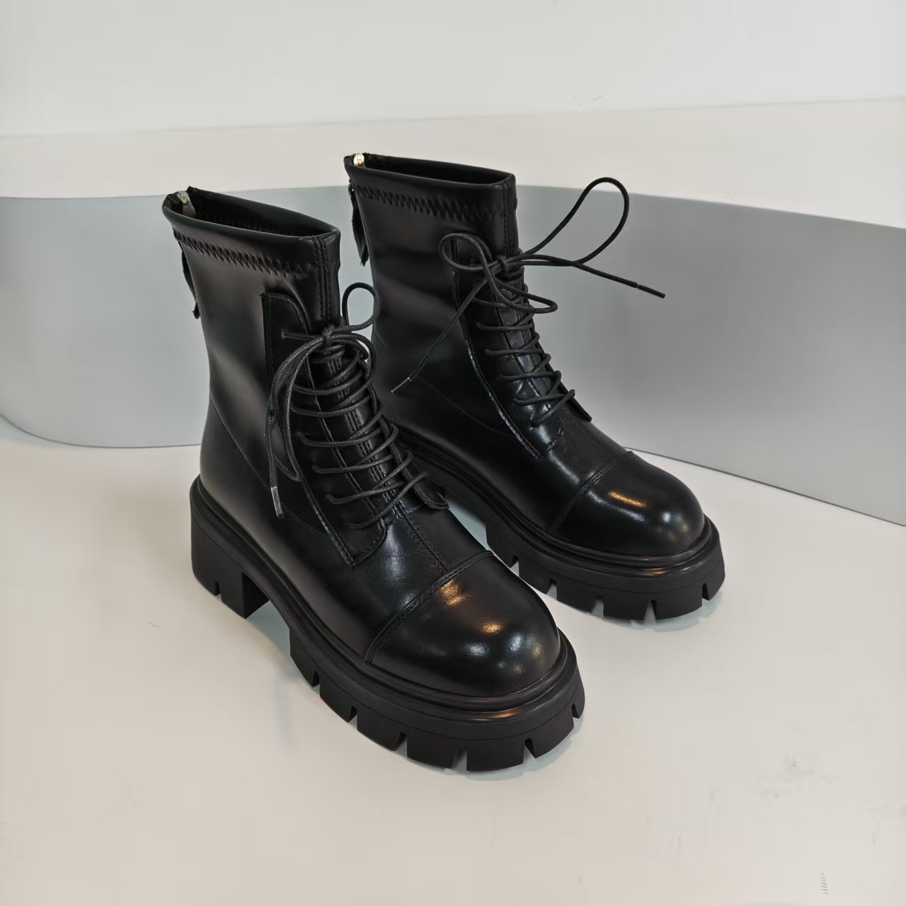 黑【绒里】DA1-6圆头系带短靴女鞋2025新款冬季时装短筒瘦瘦靴子