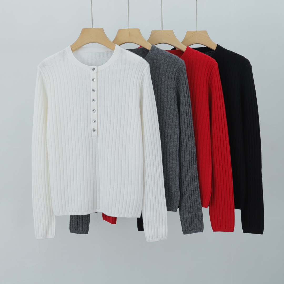 萍姐家2024秋冬新款纯色钮扣半开襟坑条修身套头针织衫CY240263