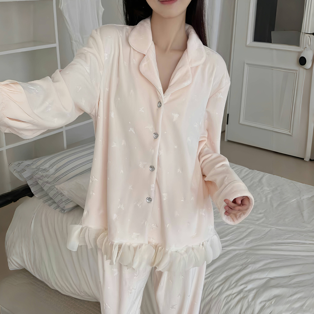 【暖落樱】双面海岛绒睡衣套装女软乎乎蝴蝶提花甜美纯欲风居家ins