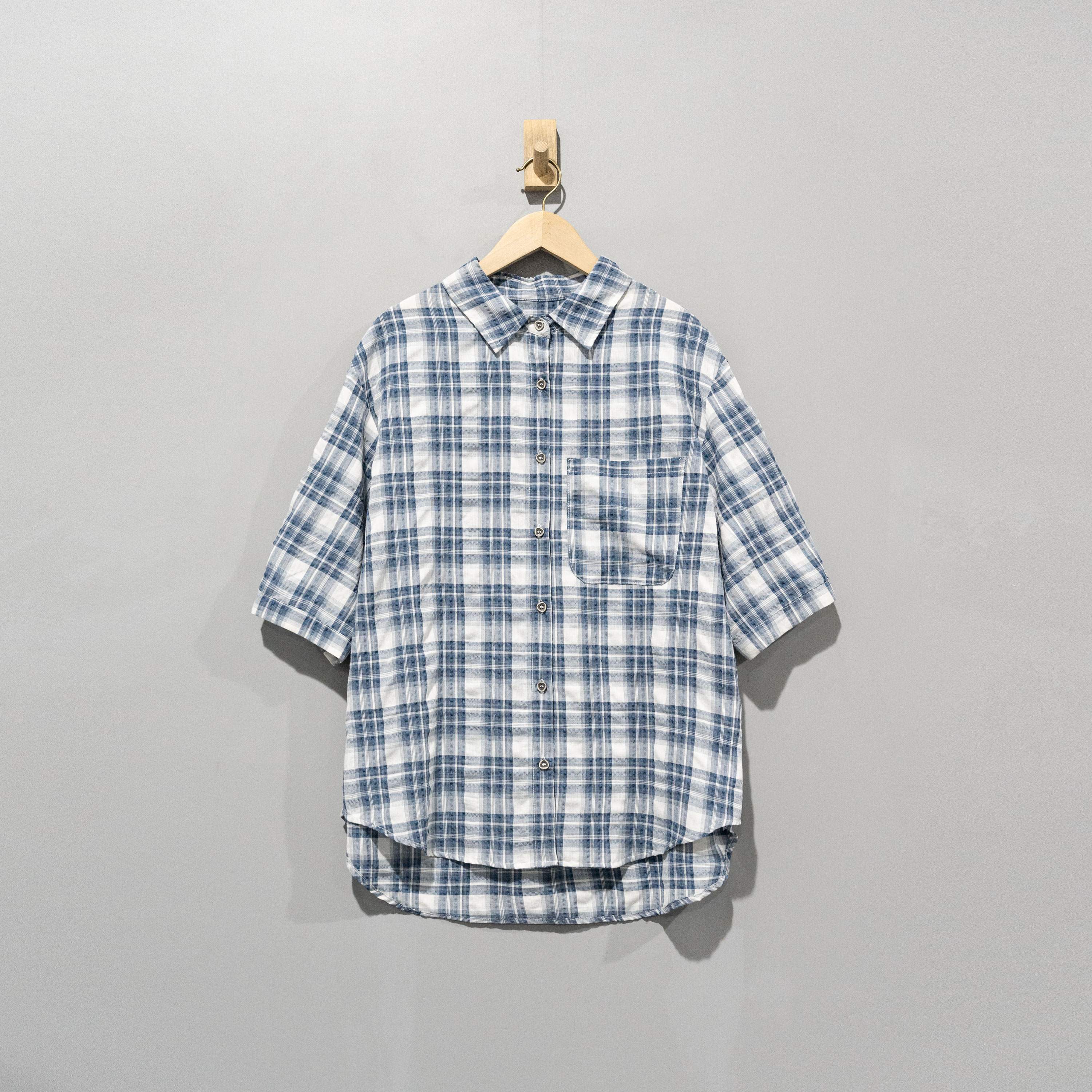 【且听风吟】0114386文艺麻棉复古翻领格子百搭上衣  衣长72胸围120