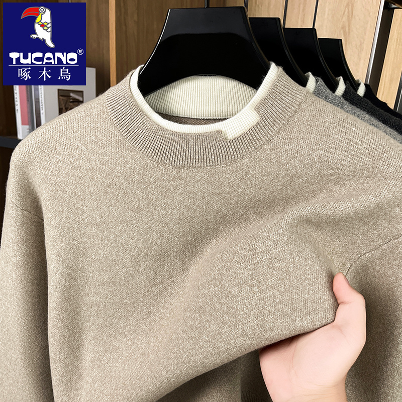 啄木鸟半高领套头针织衫男士秋冬款商务休闲毛衣假两件潮流打底衫