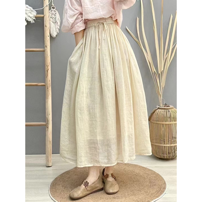 2025新款苎麻显瘦高腰中长款文艺松紧腰A字大摆裙SM 2513