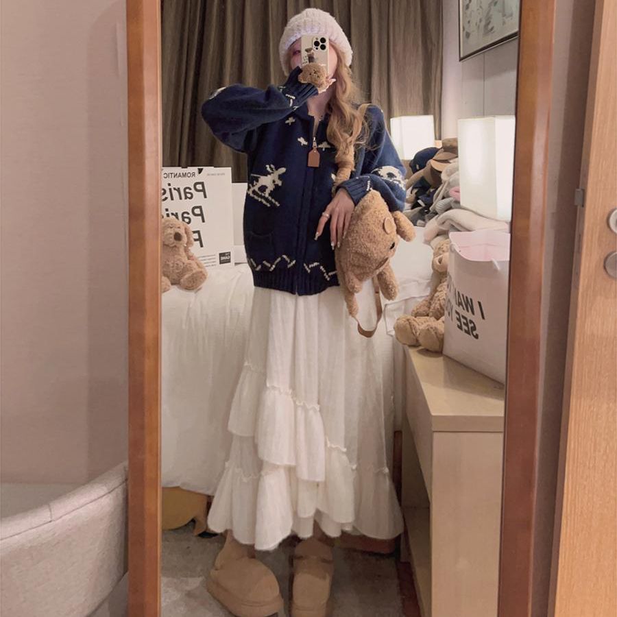 韩系不规则半身裙女秋冬日系超仙荷叶边百搭松紧腰修身加厚A字裙