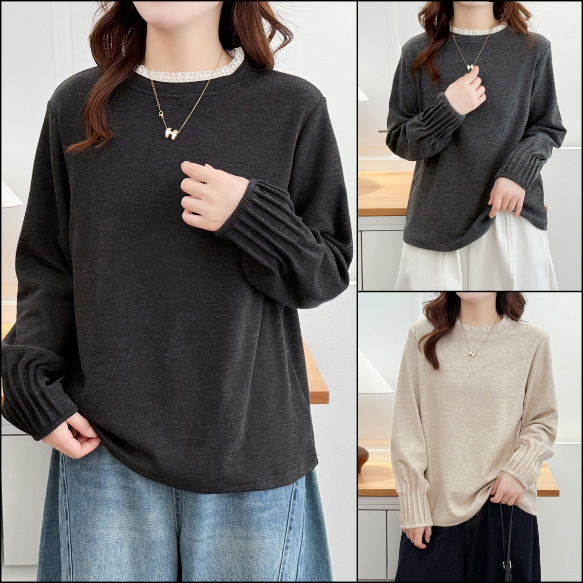 HUIZHIMEI/绘智美大码洋气显瘦设计感花边领慕斯绒减龄宽松打底衫