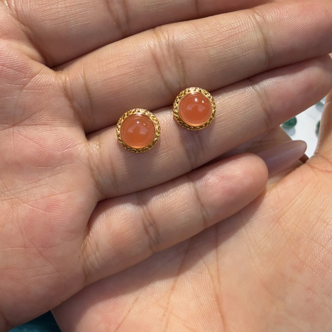 南红玛瑙银S925镀金镶嵌耳饰