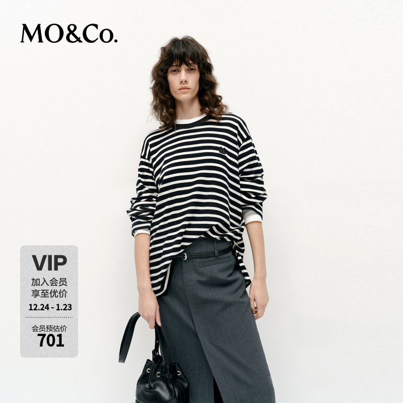 MOCO长袖T恤春季美丽诺绵羊毛刺绣logo条纹上衣MBE1TEEK02
