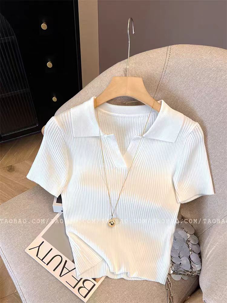 #披领短袖 冰丝针织衫女薄款莱赛尔天丝坑条修身正肩上衣