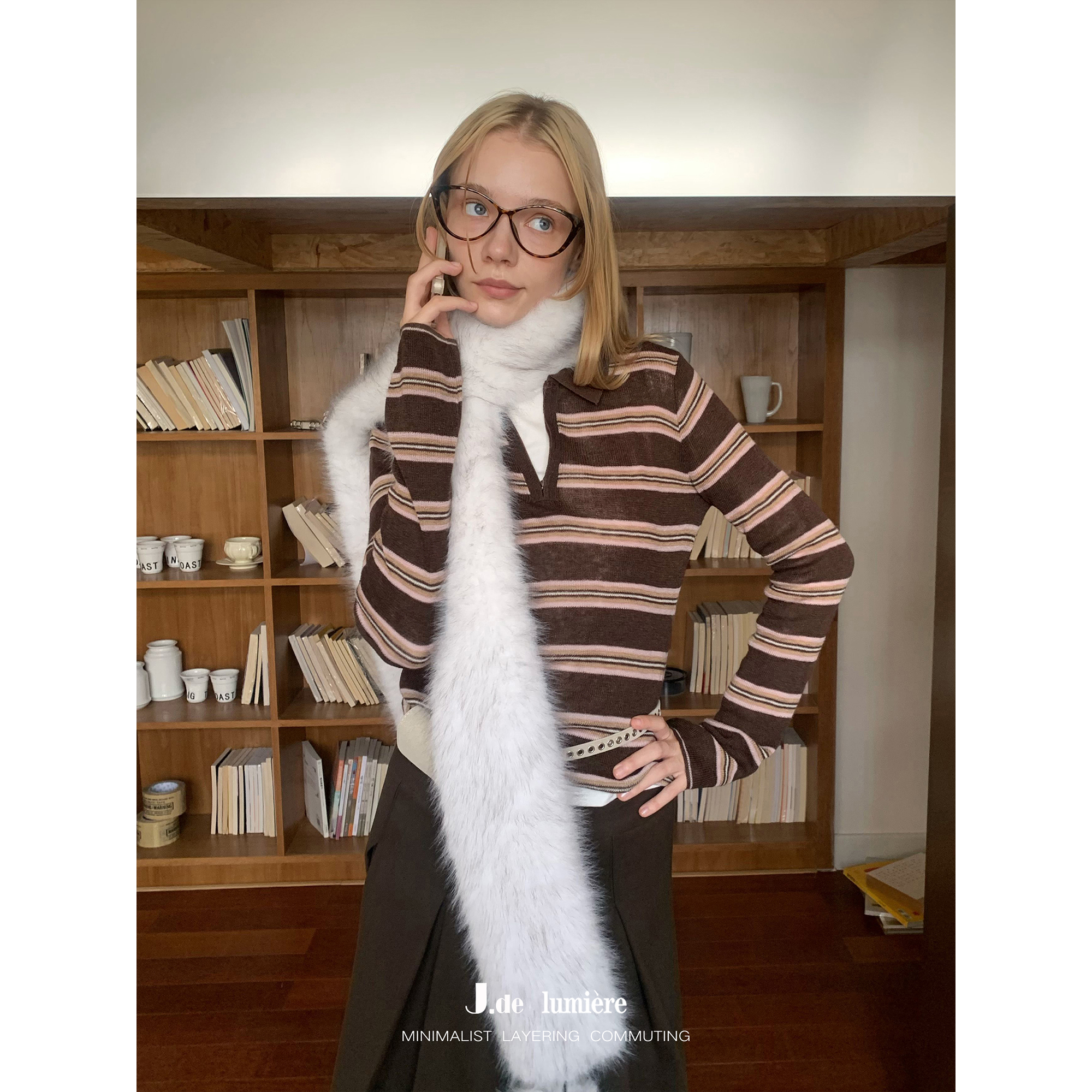 JDE咖啡色秋季休闲简约日常百搭polo领条纹拼色羊毛针织衫女上衣