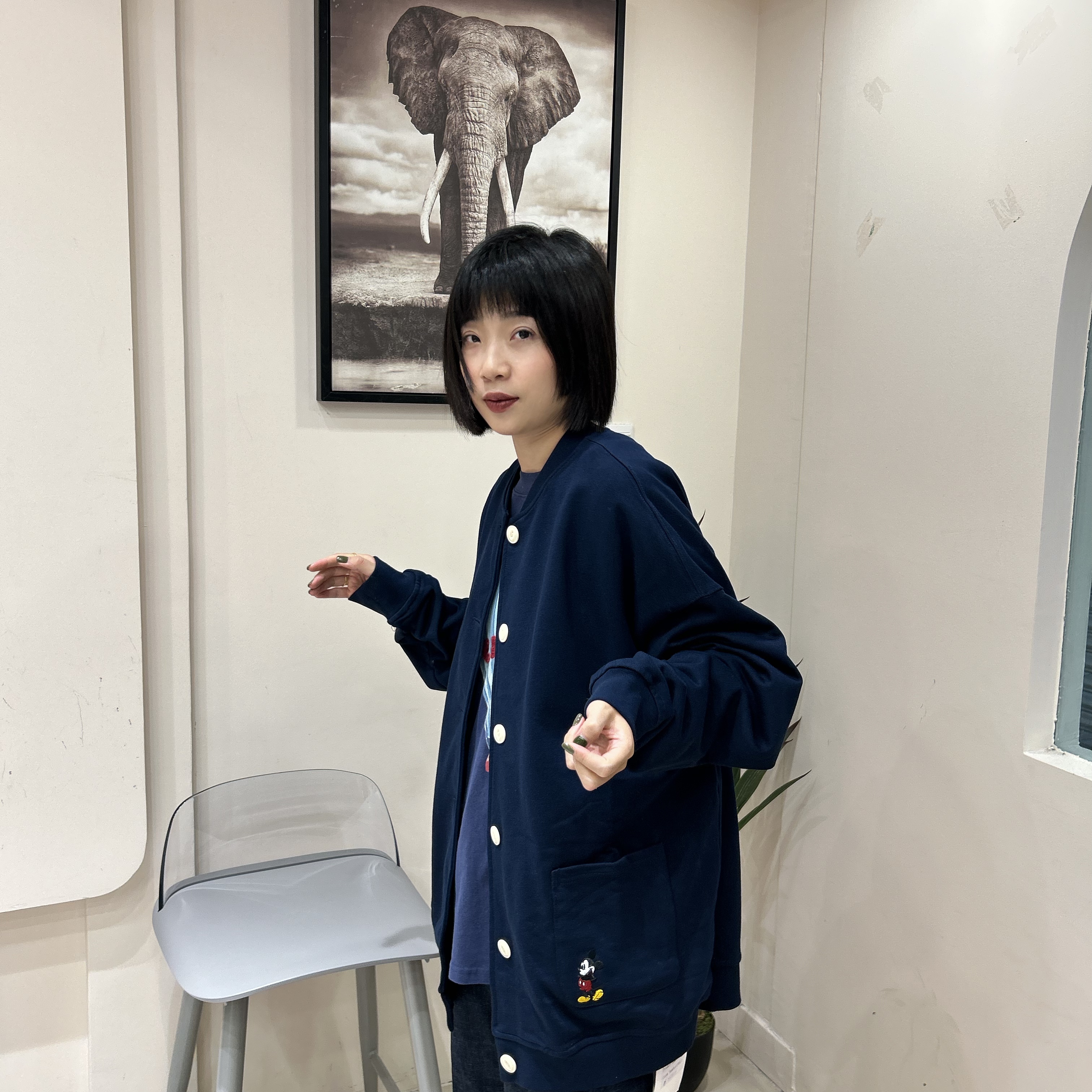 遇见定制·韩版米老鼠排扣日式长袖开衫款卫衣常规厚度宽松型圆领