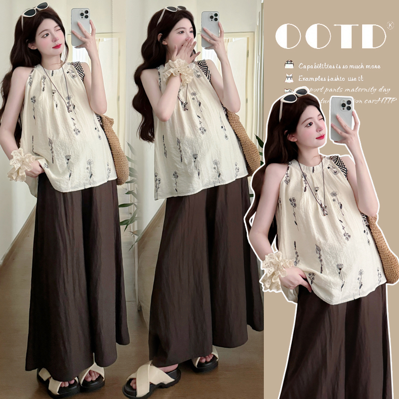 孕妇时尚套装2025夏季法式复古刺绣花朵孕妇衫+宽松阔腿裤套装