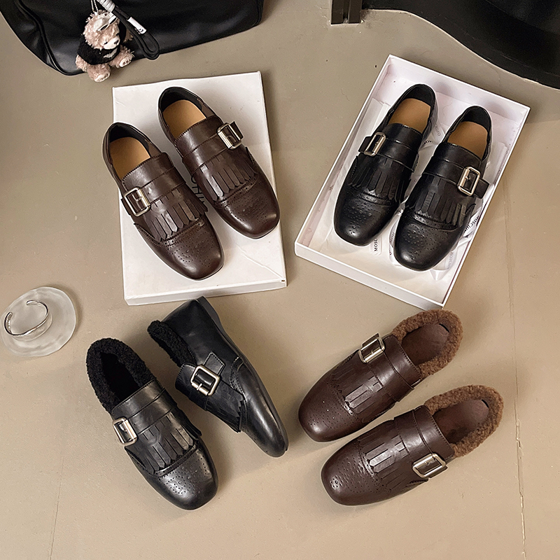 法式复古流苏带扣雕花穆勒鞋一脚蹬新款小皮鞋软皮时尚休闲乐福鞋