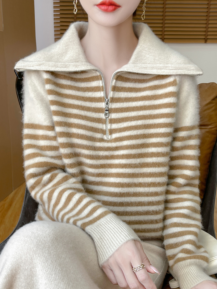 100%羊毛七针加厚半拉链翻领条纹衫NJR936