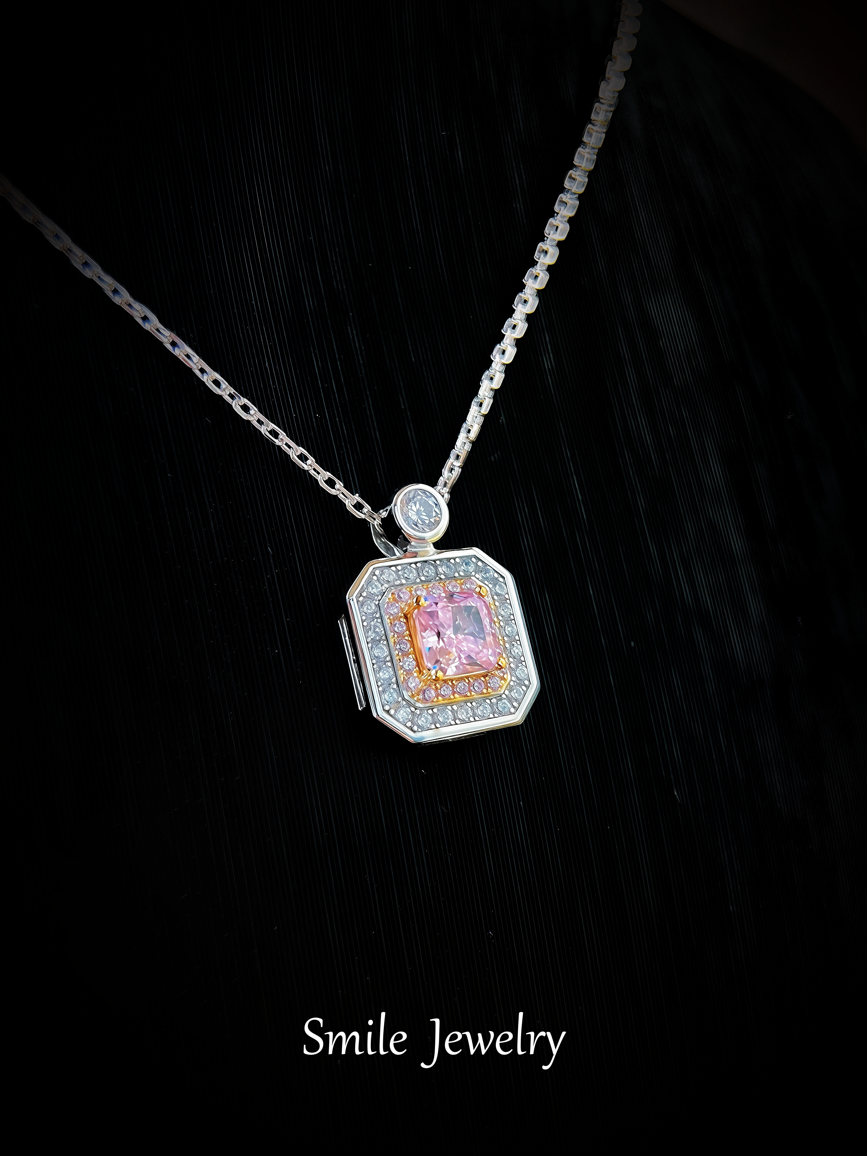 坠链均925银合成锆石 925银粉色秘匣・镶嵌款项链时尚百搭