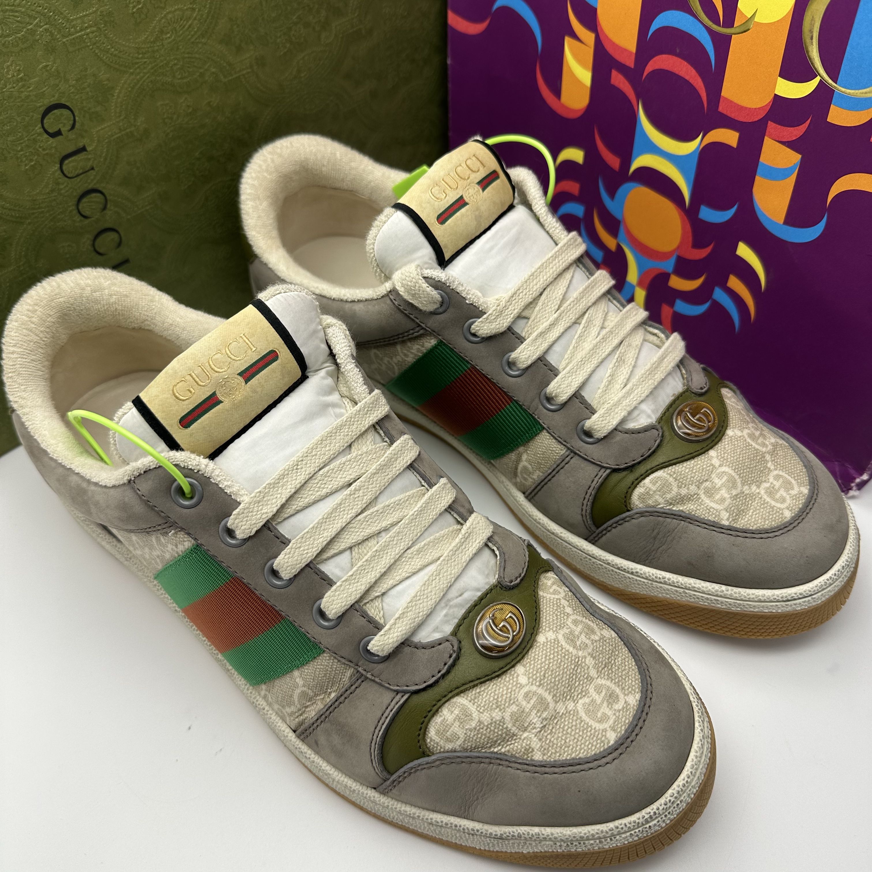 95新 GUCCI/古驰 42欧码/灰色经典双G老花时尚做旧脏脏板鞋