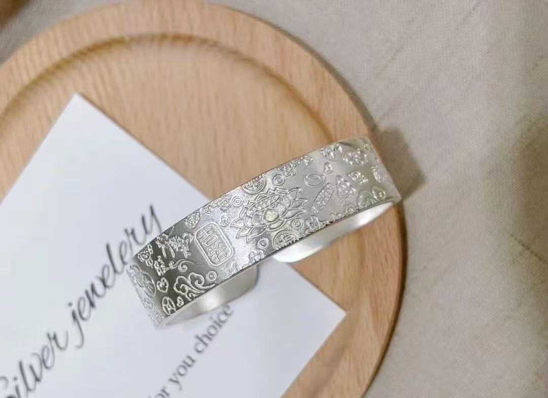 999.9银宽面吉言莲花镯开口