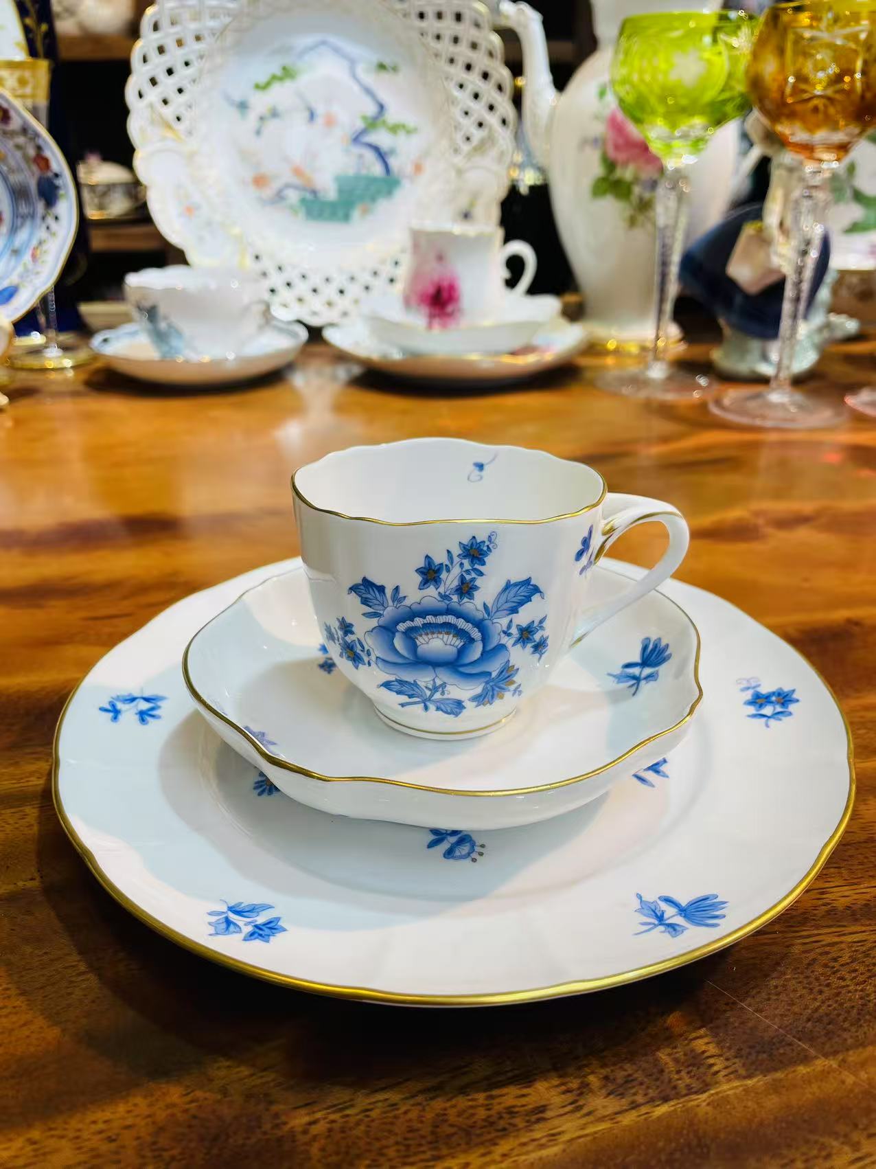 中古赫伦Herend蓝色牡丹花下午茶咖啡杯红茶杯一杯双碟