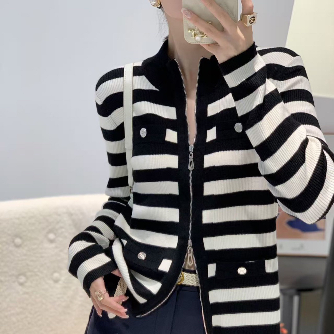 新款小香风立领双拉链开衫毛衣2512