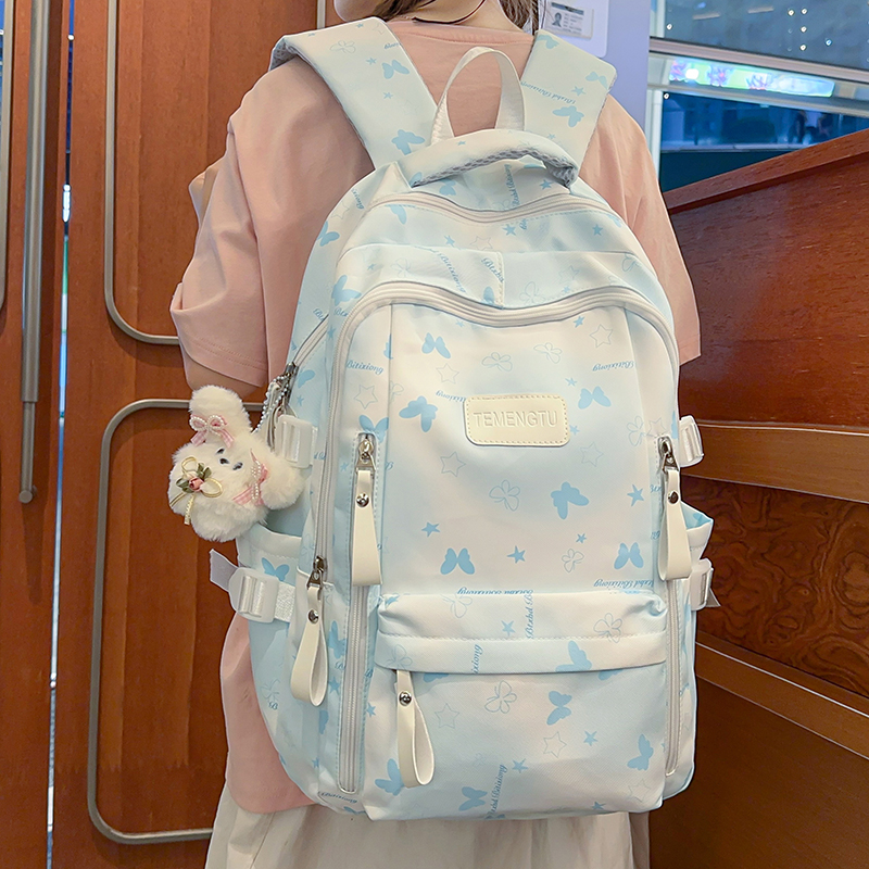 书包女生学院风初中生韩版百搭高中小学生减负背包蝴蝶印花双肩包