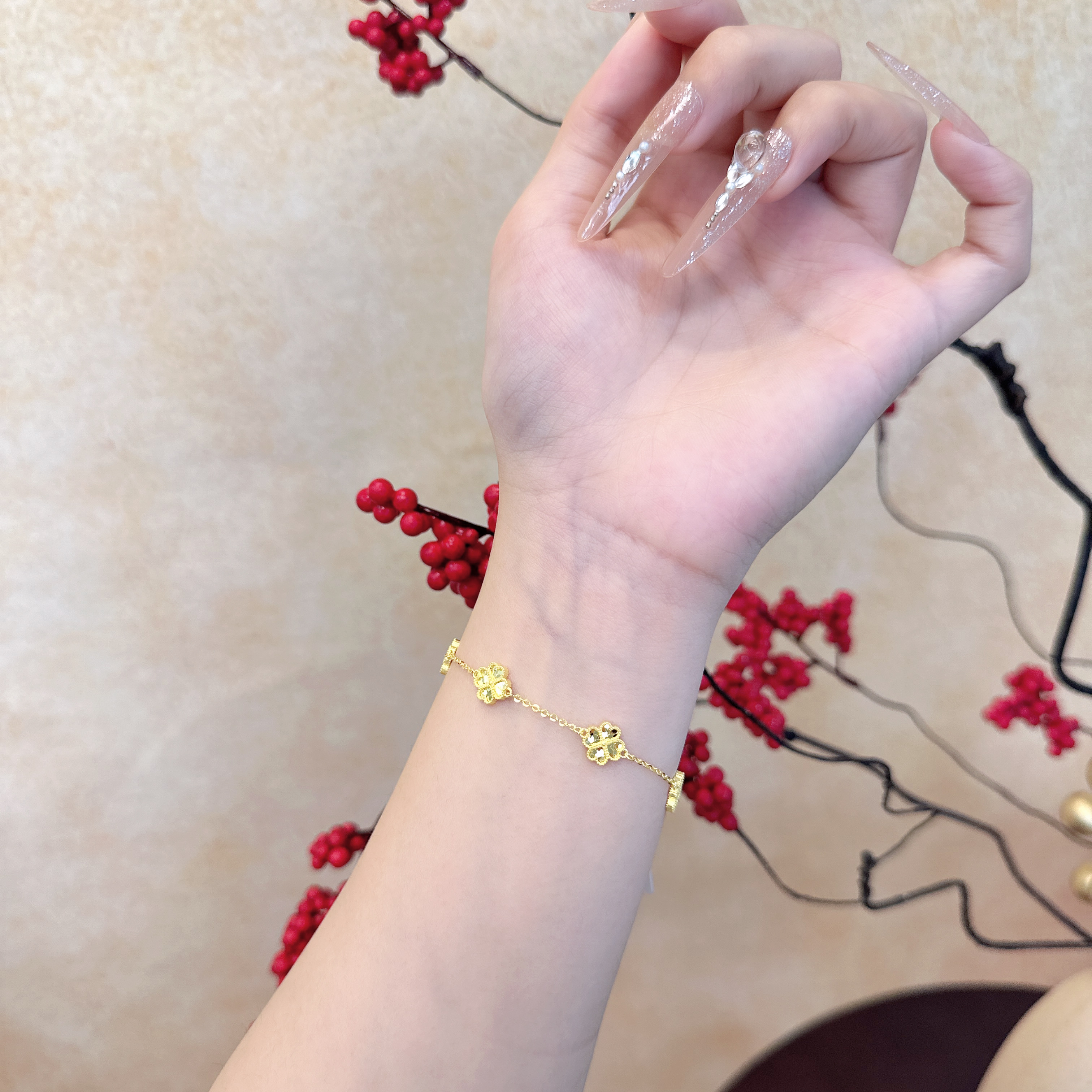 复兴足金999镭射爱心四叶草五花手链