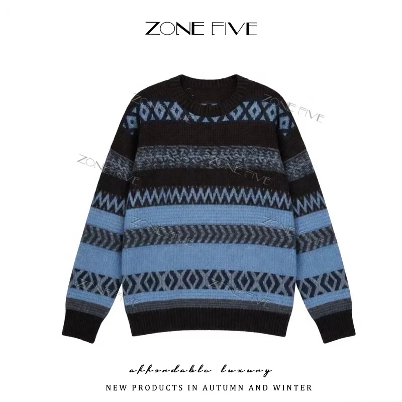 创意感套头菱格条纹软糯费尔岛毛衣冬季新款复古风宽松慵懒针织衫
