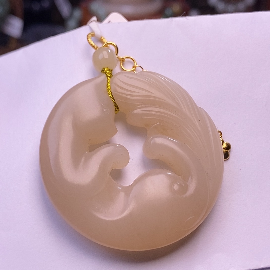 和田玉未镶嵌颈饰熟藕粉浓粉凤九孤品