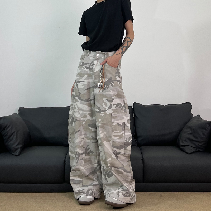 主播同款迷彩工装裤男美式街头高腰休闲裤潮牌直筒显瘦垂感高街