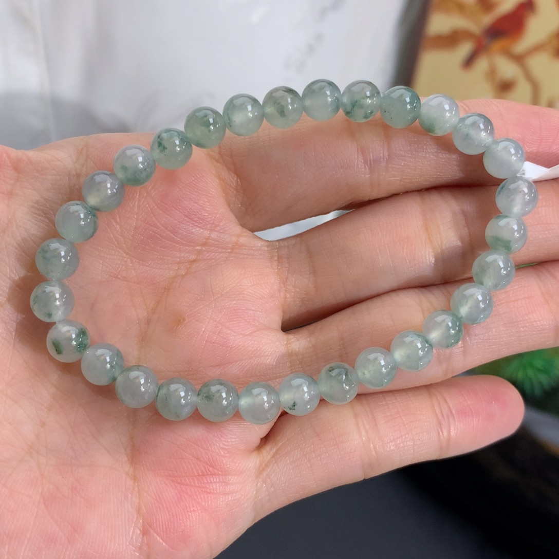翡翠未镶嵌手串卡6冰胶晴飘绿花手串