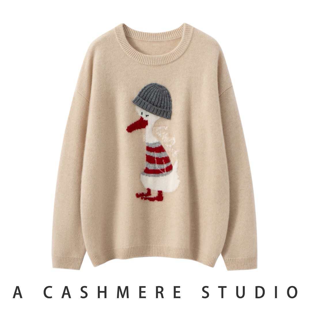 【开心鸭】100%山羊绒加厚宽松重工手缝圆领慵懒风毛衣