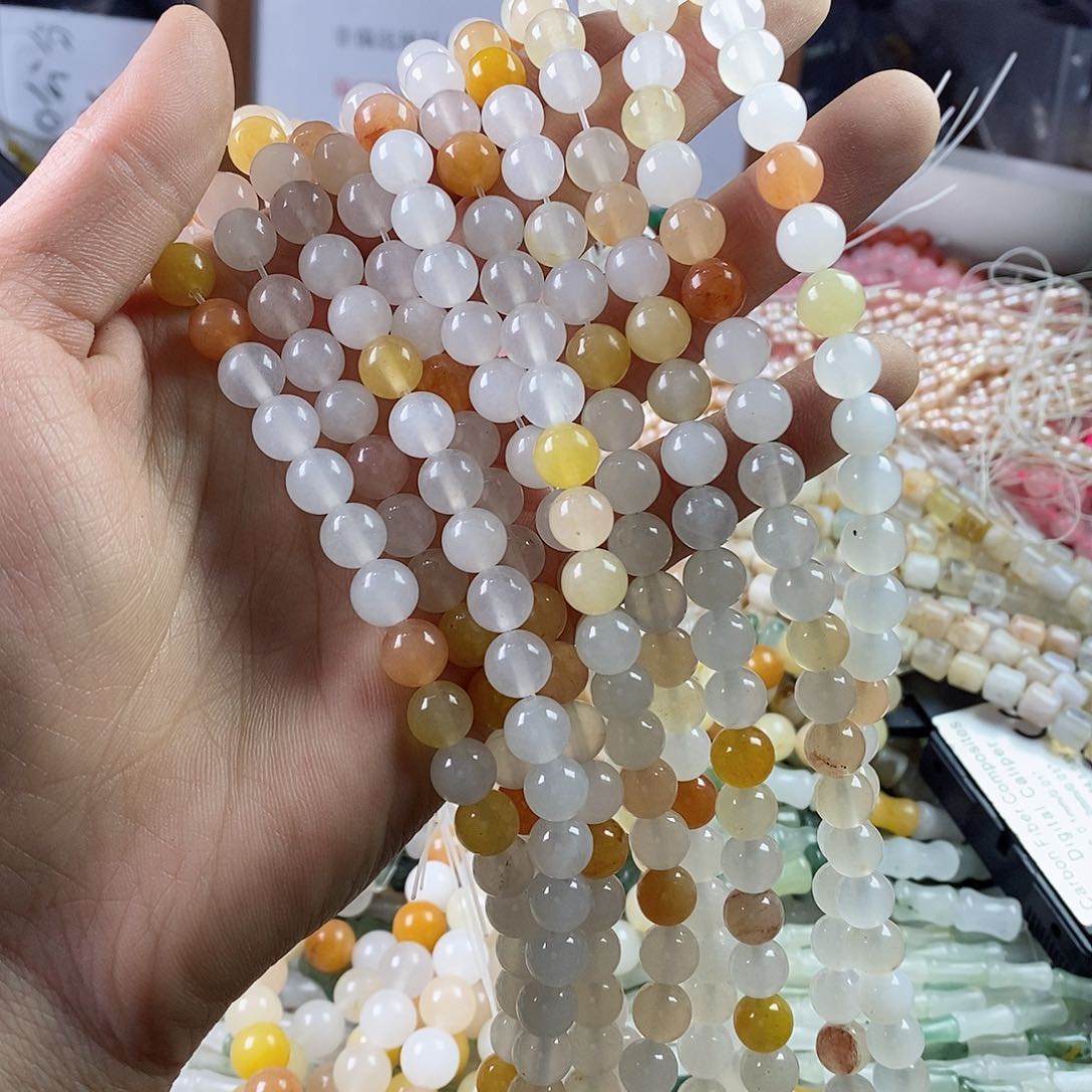 玛瑙/玉髓珠宝半成品合金一条天然8mm白体金丝玉圆珠