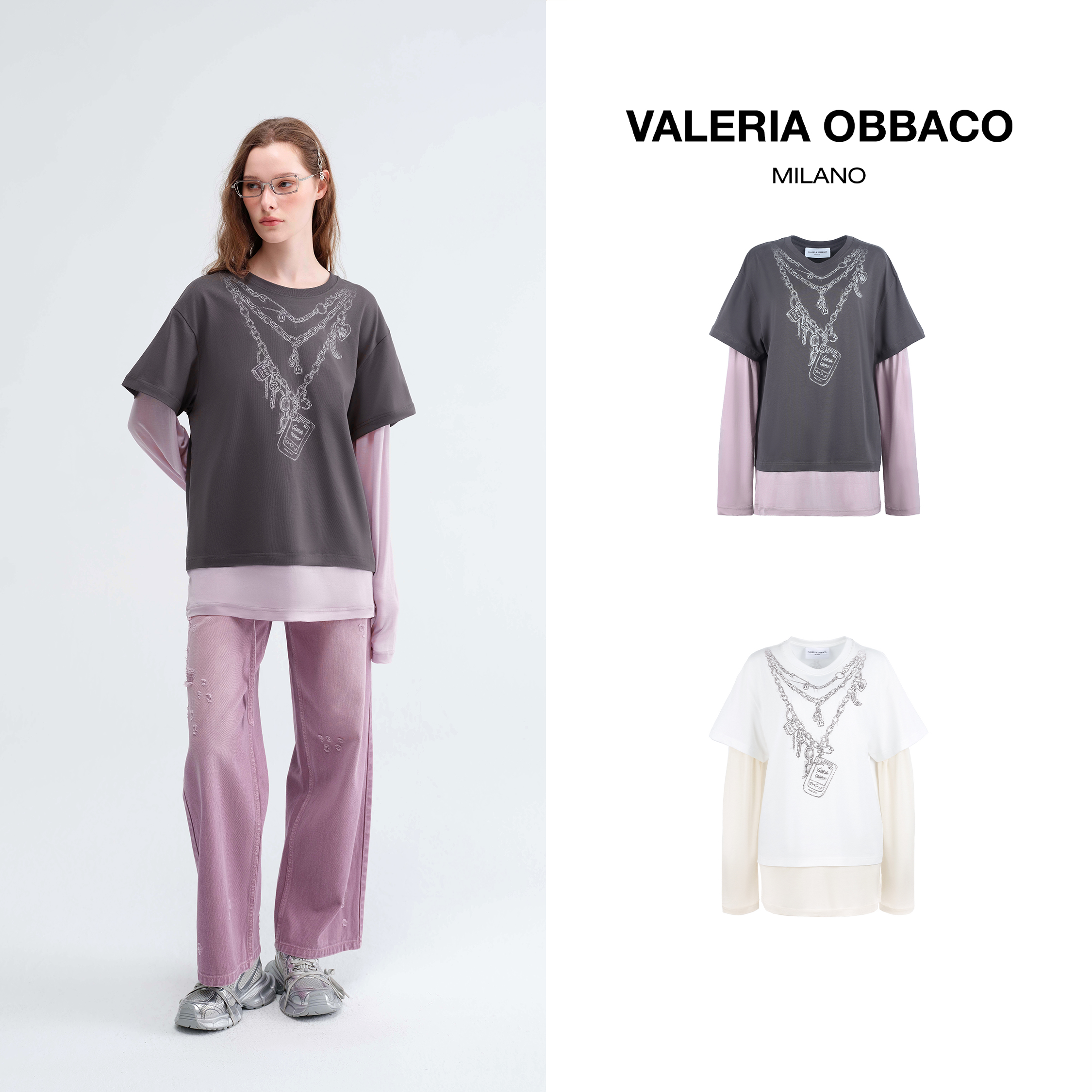 VALERIAOBBACO/瓦莱丽娅 奥贝科复古手机印花拼色长袖T恤休闲简约