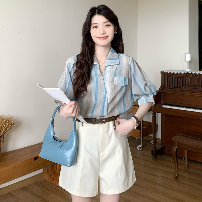慕兔港风复古条纹宽松短袖衬衫女2024夏季新款设计感时尚百搭上衣
