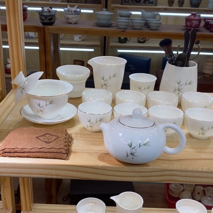 竹报平安羊脂玉茶具套装
