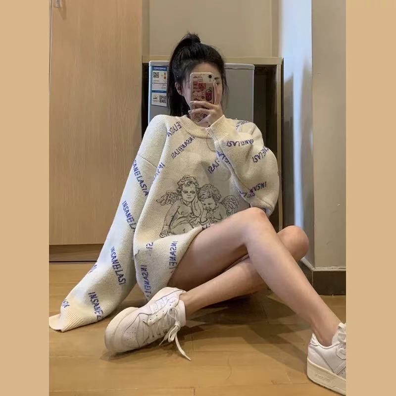 8109 M套头针织衫女秋冬满印潮牌打底衫复古加厚上衣慵懒风毛衣