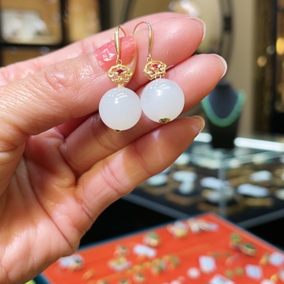 【闪购商品】和田玉耳饰18K金镶嵌12mm圆珠