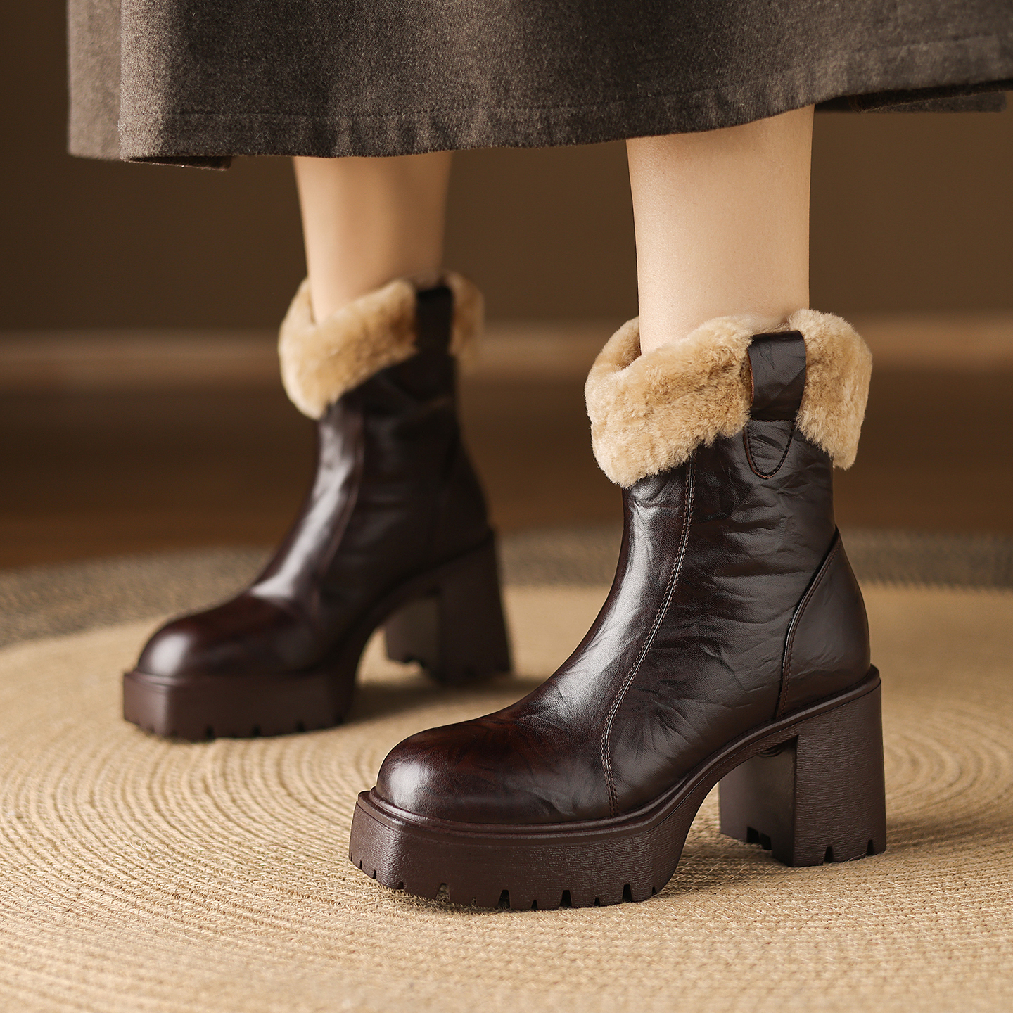 【星小晨】8厘米/牛皮/厚底增高真皮加绒加厚粗跟松糕底雪地靴1606