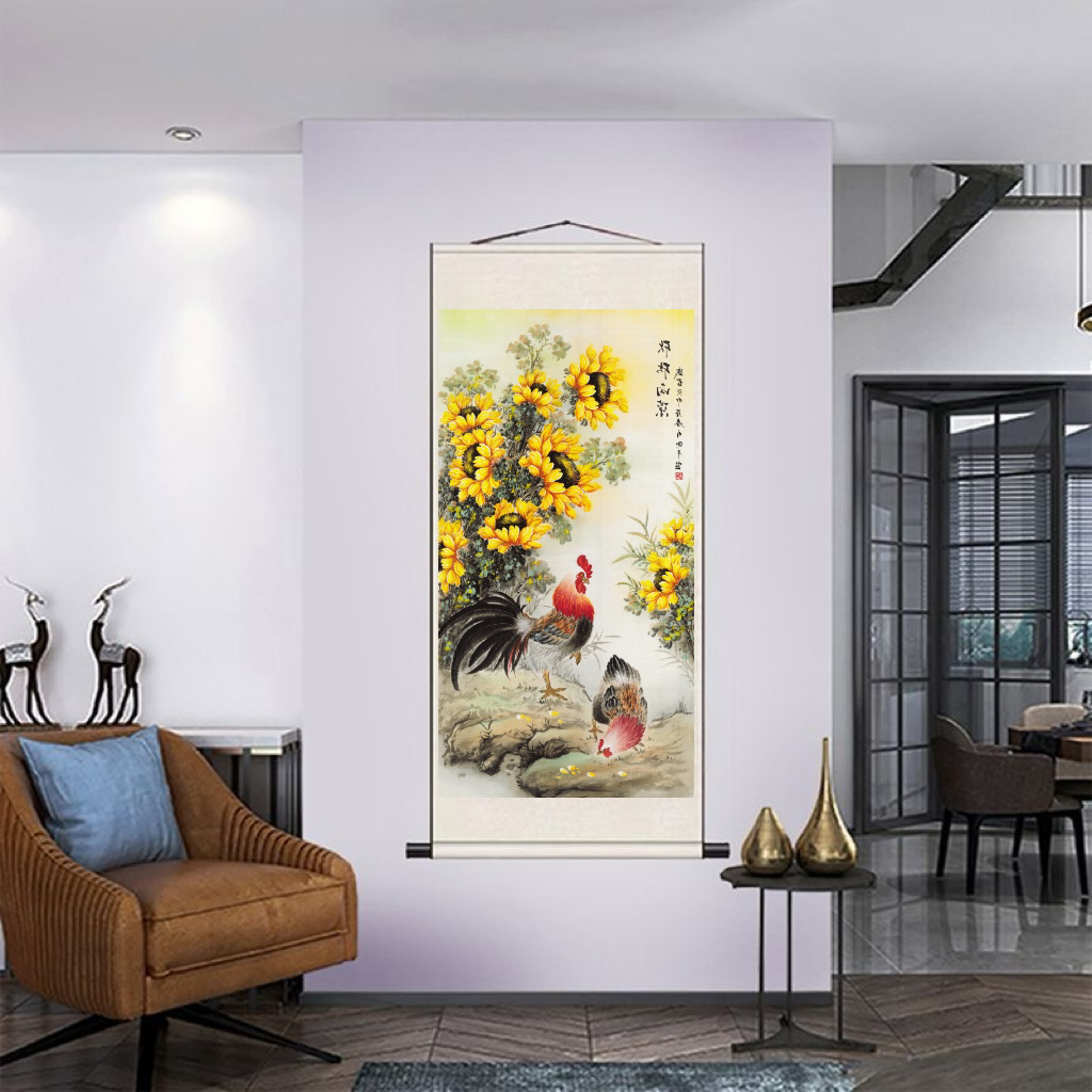 《欣欣向荣》竖幅国画向阳花公鸡大吉大利走廊玄关客厅书房茶室挂画