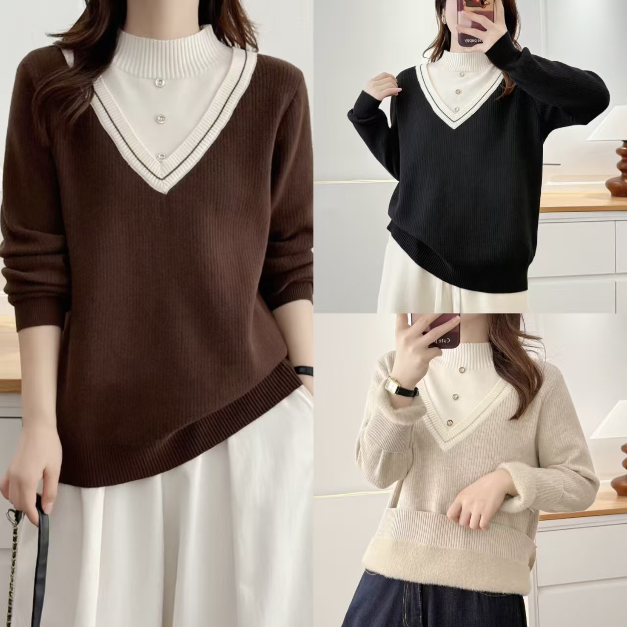 YueBeiLa/月贝拉大码加绒加厚保暖宽松半高领假两件毛衣时尚秋冬