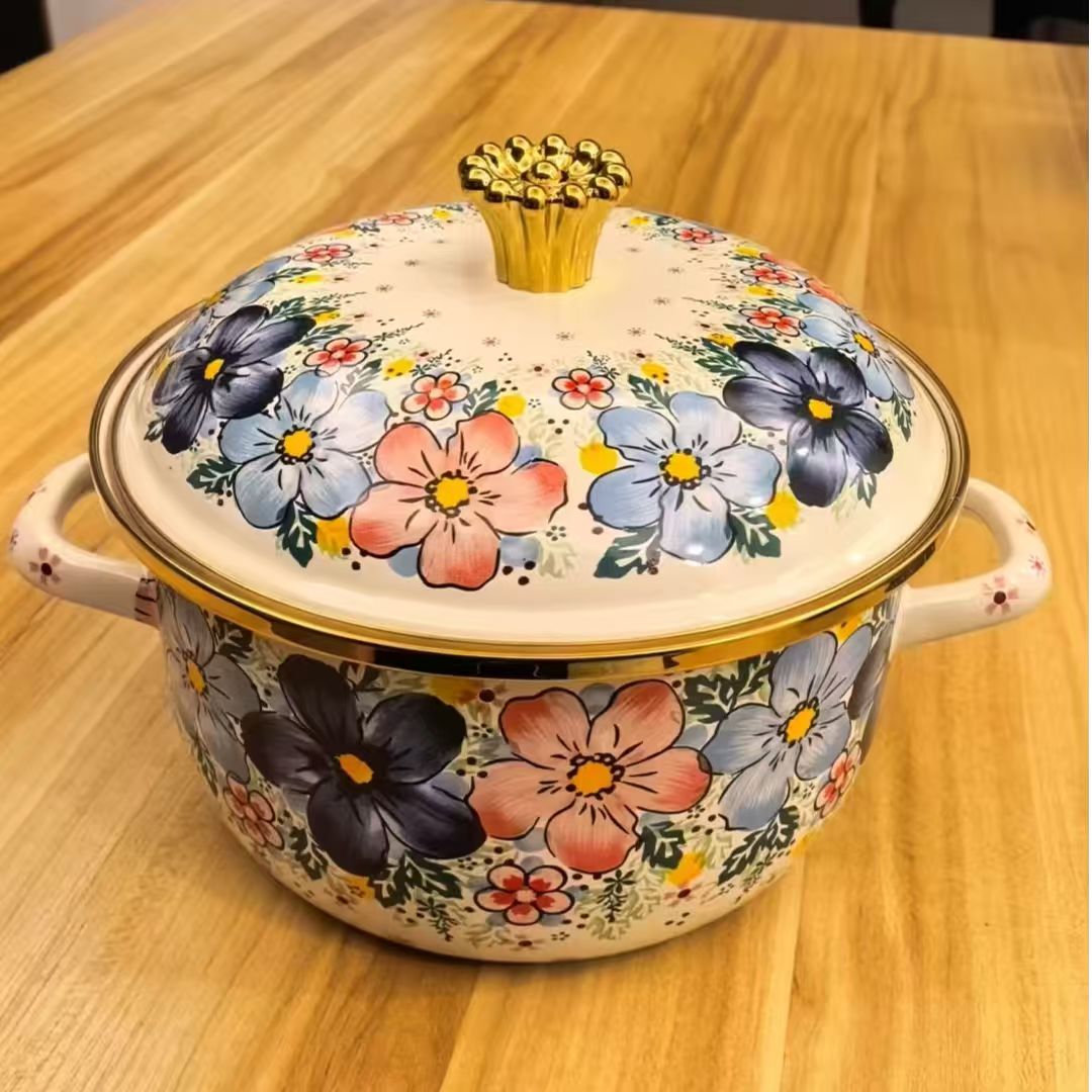 搪瓷双耳汤锅老式珐琅烧锅袋盖汤面碗装 5L HZ