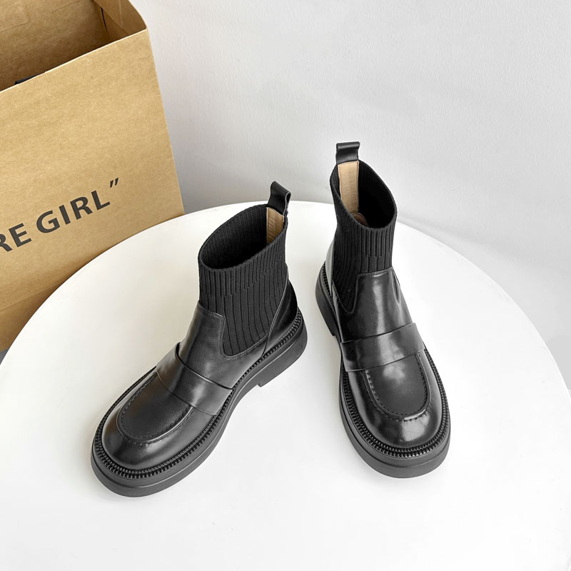G 1502/4cm【现货T103-L383】牛皮弹力袜靴女秋冬百搭厚底增高短靴