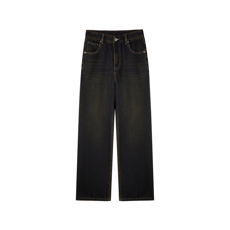 U/TI深蓝色复古做旧牛仔裤女百搭丹宁直筒阔腿裤