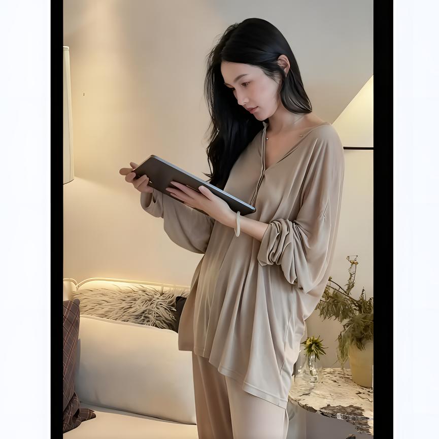2025新款睡衣女春秋薄款高级感莫代尔棉慵懒松弛感T恤家居服套装
