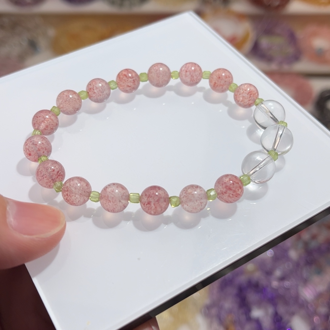 水晶手链未镶嵌8m草莓晶DIY橄榄石+白水晶单圈