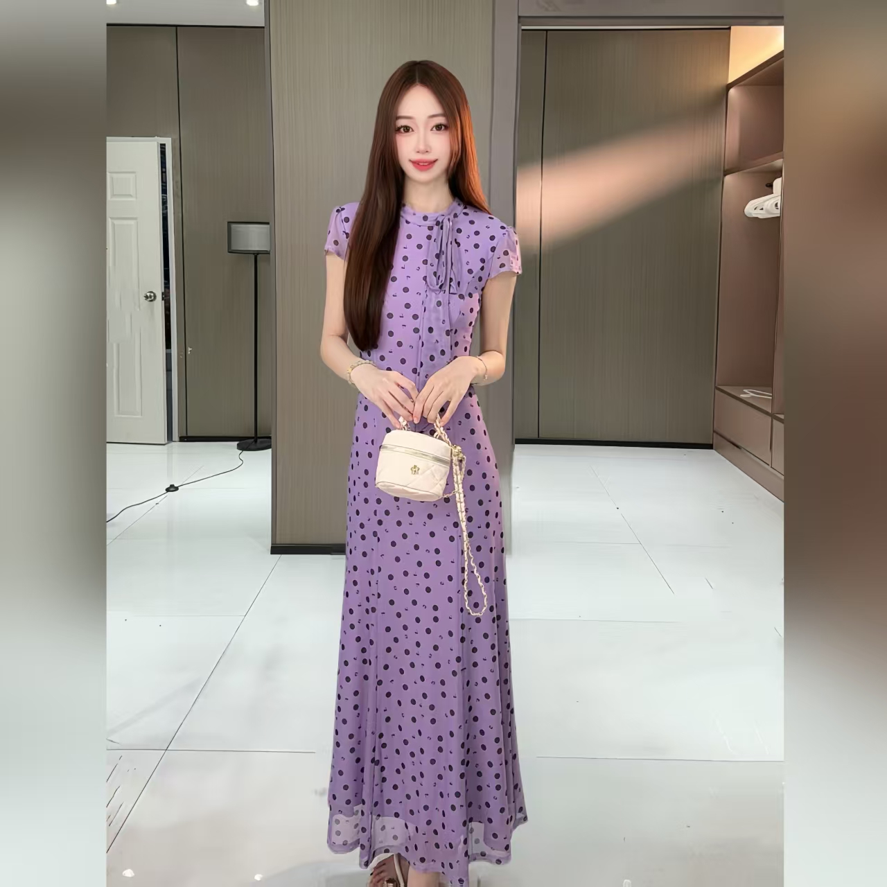 新款韩版时尚修身波点蝴蝶结度假连衣裙86189/86122