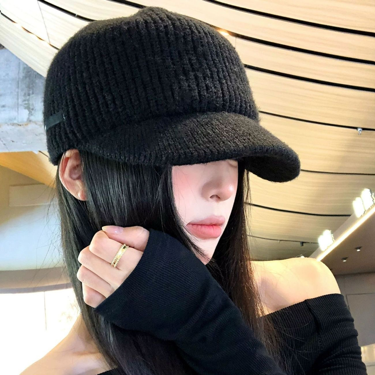 赵露思同款平顶针织鸭舌帽女韩版百搭显脸小马术帽大头围毛线帽子