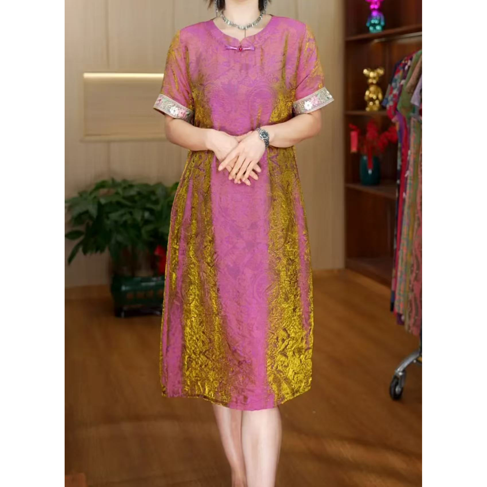 35-夏季大码裙子 玫粉人丝裙