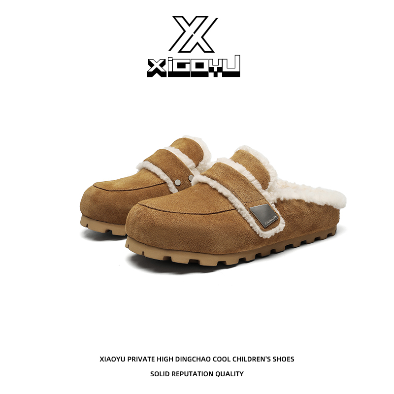 网红休闲平底极简风包头拖舒适保暖情侣皮带扣毛毛鞋-x63