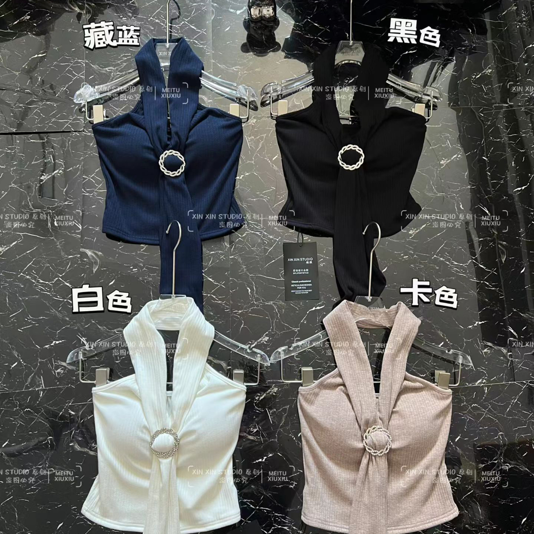 ［高智感］原创设计纯欲挂脖钻扣抹胸吊带上衣